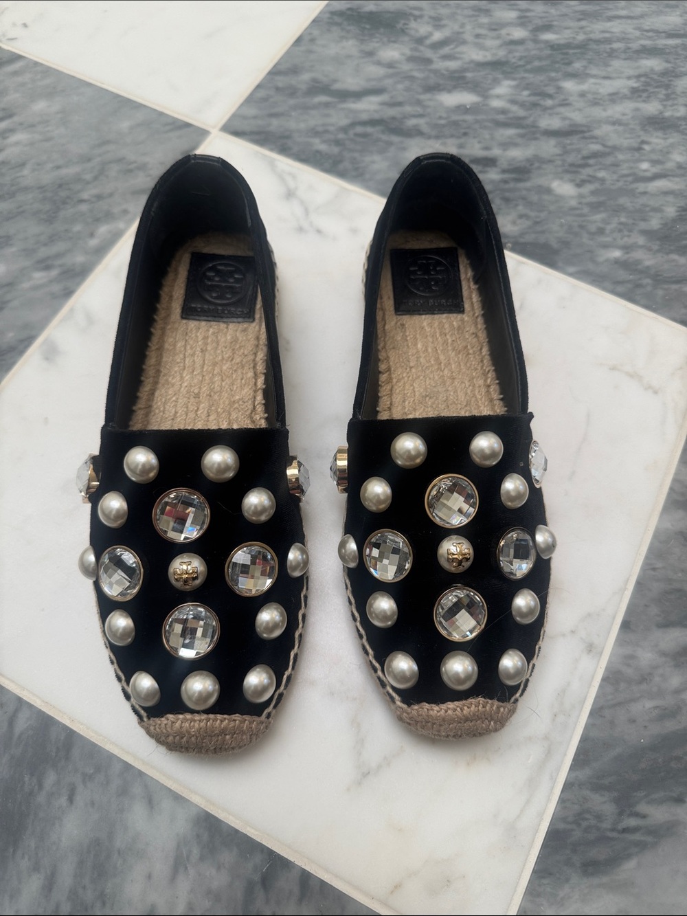 Tory Burch Black Velvet Jeweled Espadrille Flats